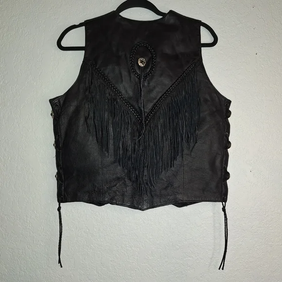 Diamond Plate Genuine Leather Women's Size Medium Motorcycle Vest Fringe,Pockets - Picture 2 of 12